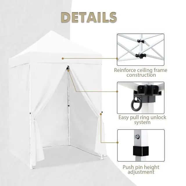 Alt view image 6 of 7 - 5x5 Instant Canopy with 4-Side Wall Panels, Small Pop up Portable Canopy Tent with Carry Bag, Light Weight Sun Shelter for Sports, Camping and Beach, White