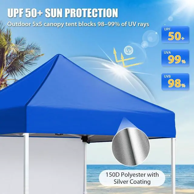Alt view image 2 of 7 - Pop up Canopy 5x5, Outdoor Portable Canopy Tent with One Removable Sunwall, Carry Bag Included, Blue