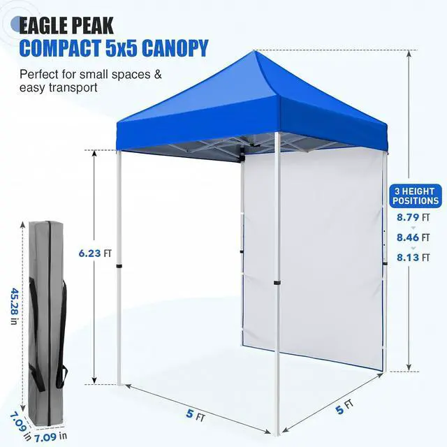 Alt view image 3 of 7 - Pop up Canopy 5x5, Outdoor Portable Canopy Tent with One Removable Sunwall, Carry Bag Included, Blue