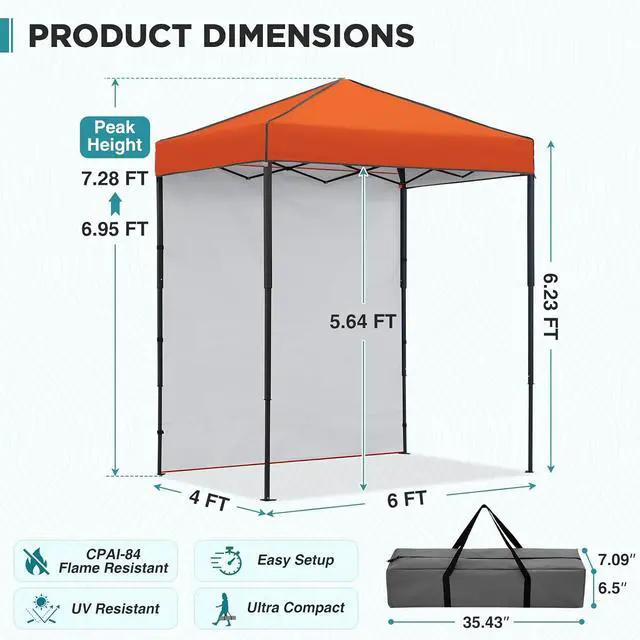Alt view image 3 of 7 - 6x4 Instant Pop Up Canopy Tent with 1 Side Wall Panel, Straight Leg Sun Shelter, Portable Canopy with Carry Bag for Camping, Beach & Sports, Orange