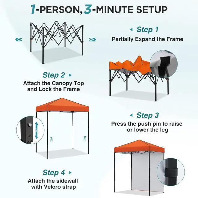Alt view image 2 of 7 - 6x4 Instant Pop Up Canopy Tent with 1 Side Wall Panel, Straight Leg Sun Shelter, Portable Canopy with Carry Bag for Camping, Beach & Sports, Orange