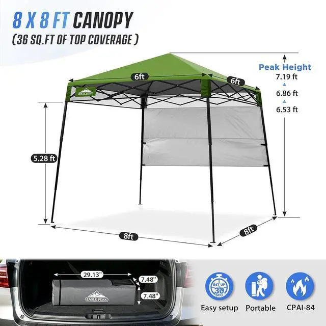 Alt view image 3 of 7 - 8x8 Pop Up Canopy Tent with Sidewall, Compact, Portable Slant Leg Instant Sun Shelter for Beach, Sports, & Camping, 8x8 Base 6x6 Top, Grass Green