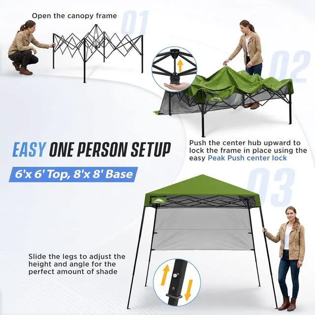 Alt view image 4 of 7 - 8x8 Pop Up Canopy Tent with Sidewall, Compact, Portable Slant Leg Instant Sun Shelter for Beach, Sports, & Camping, 8x8 Base 6x6 Top, Grass Green