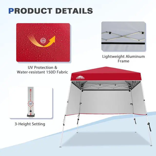 Alt view image 4 of 7 - Day Tripper 8x8 Aluminum Super-Lightweight Slant Leg Pop Up Canopy with 3 Removable Walls, Instant Outdoor Backpack Canopy Tent, Outside Beach Folding Sun Shelter, 8x8 Base 6x6 Top, Red