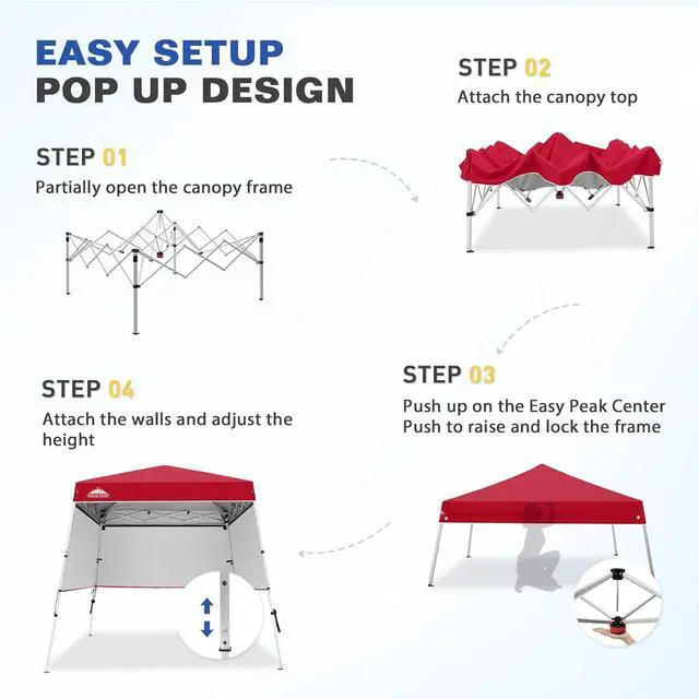 Alt view image 6 of 7 - Day Tripper 8x8 Aluminum Super-Lightweight Slant Leg Pop Up Canopy with 3 Removable Walls, Instant Outdoor Backpack Canopy Tent, Outside Beach Folding Sun Shelter, 8x8 Base 6x6 Top, Red