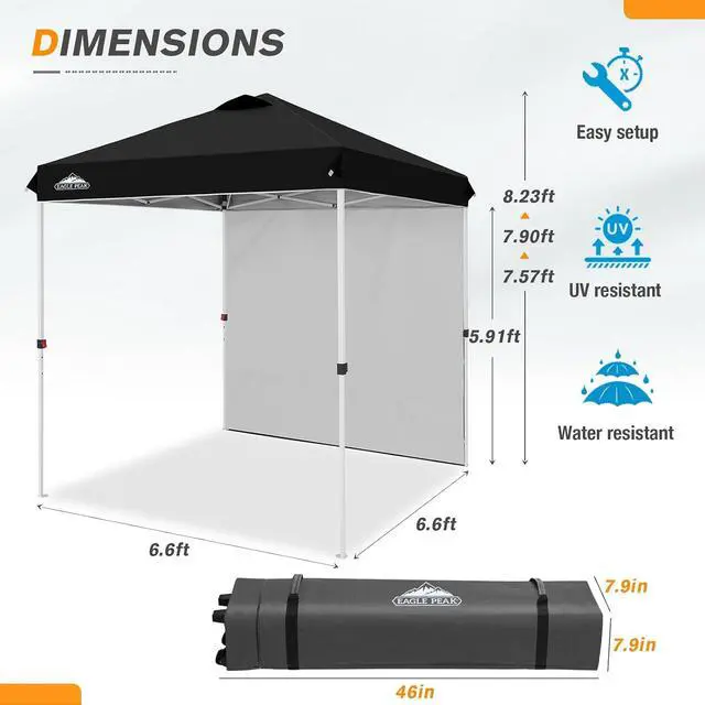 Alt view image 3 of 7 - Commercial Canopy 6.6x6.6 Pop Up Canopy Tent with 1 Sidewall, Easy Setup Heavy Duty Instant Event Shelter for Vendors & Markets, Outdoor Sun Shade, Black