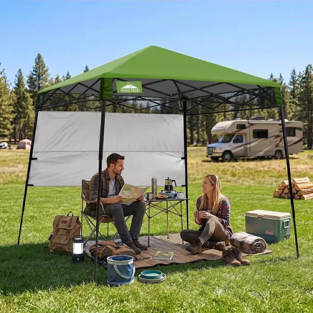 Alt view image 5 of 7 - 8x8 Pop Up Canopy Tent with Sidewall, Compact, Portable Slant Leg Instant Sun Shelter for Beach, Sports, & Camping, 8x8 Base 6x6 Top, Grass Green