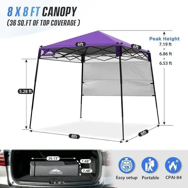 Alt view image 3 of 7 - 8x8 Pop Up Canopy Tent with Sidewall, Compact, Portable Slant Leg Instant Sun Shelter for Beach, Sports, & Camping, 8x8 Base 6x6 Top, Purple