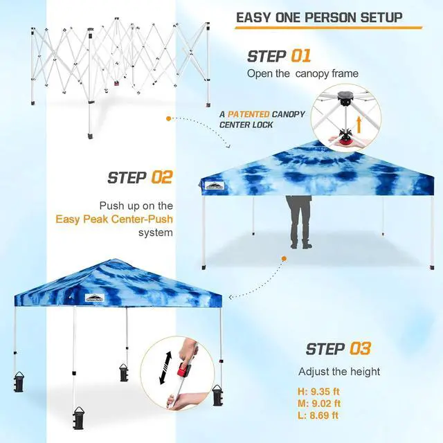Alt view image 2 of 7 - Pop Up Canopy Tent with Wheeled Carry Bag, 8 Stakes, 4 Ropes, 4 Weight Bags, Easy Set Up Tent Canopy, 10x10 ft, 100sqft of Shade, Tie Dye Blue