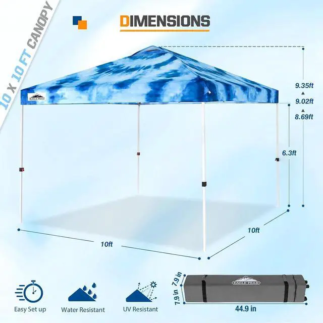 Alt view image 3 of 7 - Pop Up Canopy Tent with Wheeled Carry Bag, 8 Stakes, 4 Ropes, 4 Weight Bags, Easy Set Up Tent Canopy, 10x10 ft, 100sqft of Shade, Tie Dye Blue