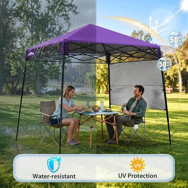 Alt view image 4 of 7 - 8x8 Pop Up Canopy Tent with Sidewall, Compact, Portable Slant Leg Instant Sun Shelter for Beach, Sports, & Camping, 8x8 Base 6x6 Top, Purple