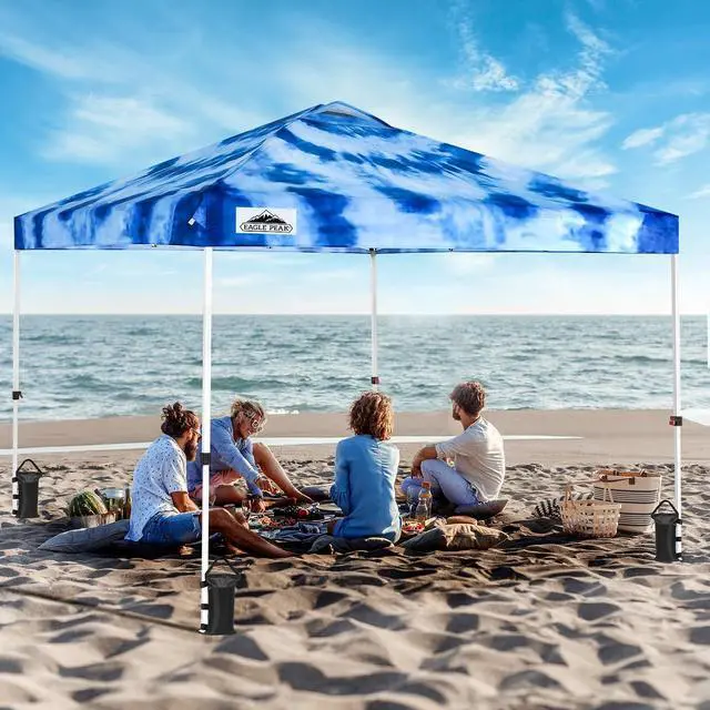 Alt view image 5 of 7 - Pop Up Canopy Tent with Wheeled Carry Bag, 8 Stakes, 4 Ropes, 4 Weight Bags, Easy Set Up Tent Canopy, 10x10 ft, 100sqft of Shade, Tie Dye Blue