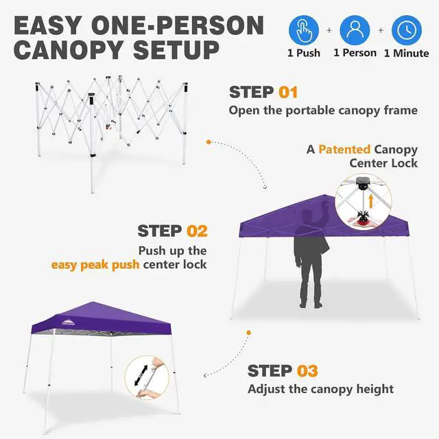 Alt view image 6 of 7 - 10x10 Slant Leg Pop-up Canopy Tent Easy One Person Setup Instant Outdoor Beach Canopy Folding Portable Sports Shelter 10x10 Base 8x8 Top (Purple)
