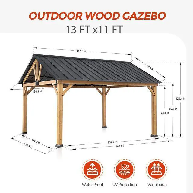 Alt view image 3 of 7 - 11x13 Hardtop Gazebo, Exposed Beam A-Frame Gazebo, Galvanized Steel Gable Roof with Cedar Wood Frame, Outdoor Pavilion for Patio, Deck, Lawn and Garden, Natural Wood/Black