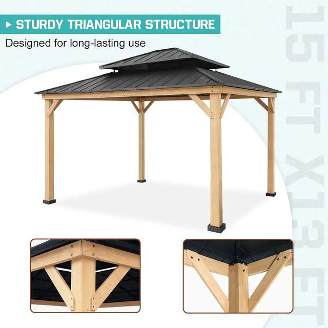 Alt view image 5 of 7 - 13x15 Hardtop Gazebo, Galvanized Steel Double Roof Gazebo with Cedar Wood Frame, Outdoor Pavilion for Patio, Deck, Lawn and Garden, Natural Wood/Black
