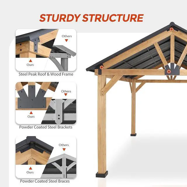 Alt view image 2 of 7 - 11x13 Hardtop Gazebo, Exposed Beam A-Frame Gazebo, Galvanized Steel Gable Roof with Cedar Wood Frame, Outdoor Pavilion for Patio, Deck, Lawn and Garden, Natural Wood/Black