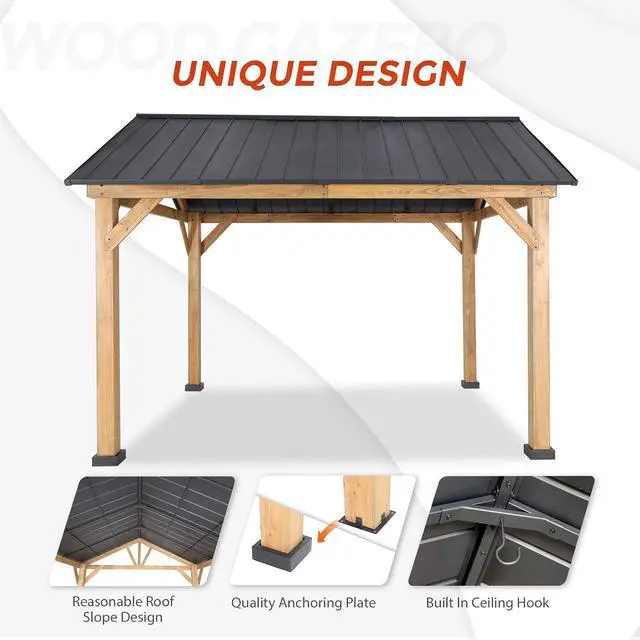 Alt view image 4 of 7 - 11x13 Hardtop Gazebo, Exposed Beam A-Frame Gazebo, Galvanized Steel Gable Roof with Cedar Wood Frame, Outdoor Pavilion for Patio, Deck, Lawn and Garden, Natural Wood/Black