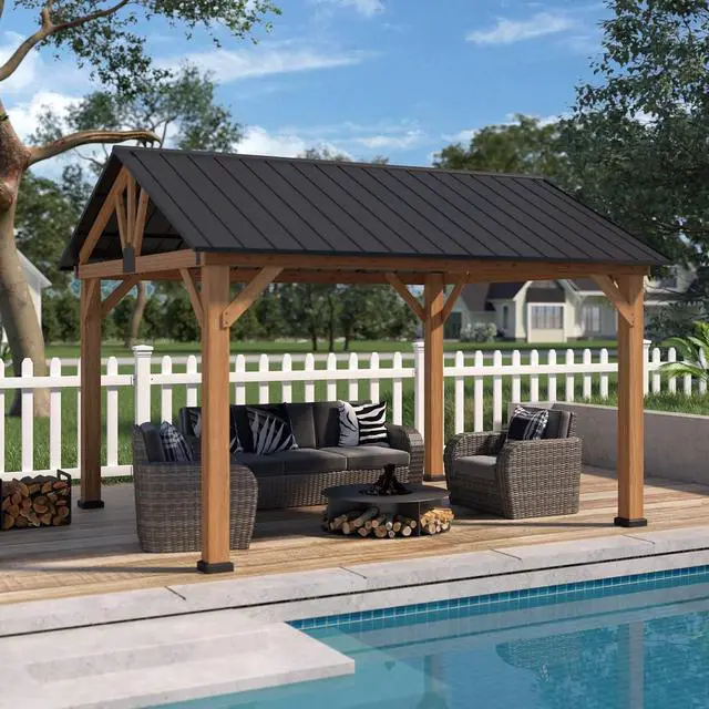Main image of 11x13 Hardtop Gazebo, Exposed Beam A-Frame Gazebo, Galvanized Steel Gable Roof with Cedar Wood Frame, Outdoor Pavilion for Patio, Deck, Lawn and Garden, Natural Wood/Black