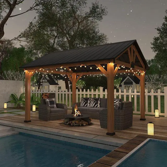 Alt view image 5 of 7 - 11x13 Hardtop Gazebo, Exposed Beam A-Frame Gazebo, Galvanized Steel Gable Roof with Cedar Wood Frame, Outdoor Pavilion for Patio, Deck, Lawn and Garden, Natural Wood/Black