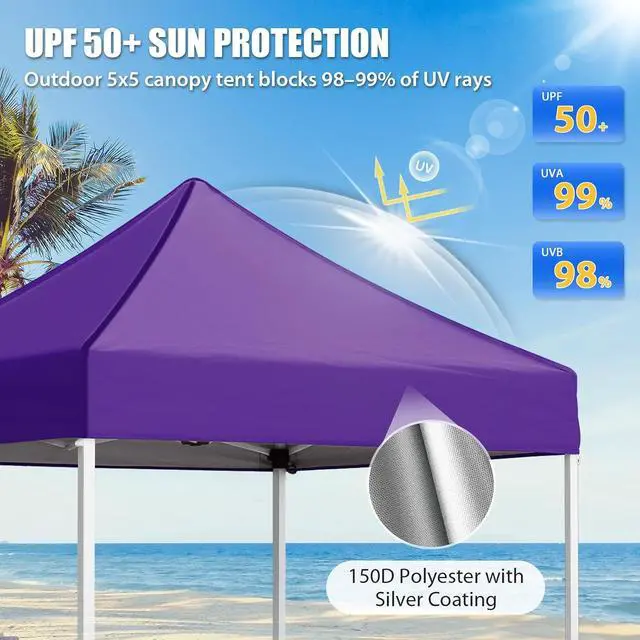 Alt view image 2 of 7 - 5x5 Pop Up Canopy Tent Instant Outdoor Canopy Easy Set-up Straight Leg Folding Shelter, Purple