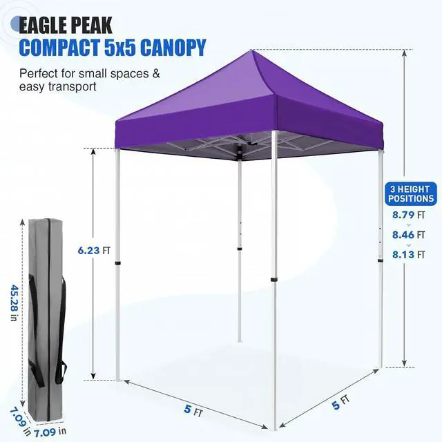 Alt view image 3 of 7 - 5x5 Pop Up Canopy Tent Instant Outdoor Canopy Easy Set-up Straight Leg Folding Shelter, Purple