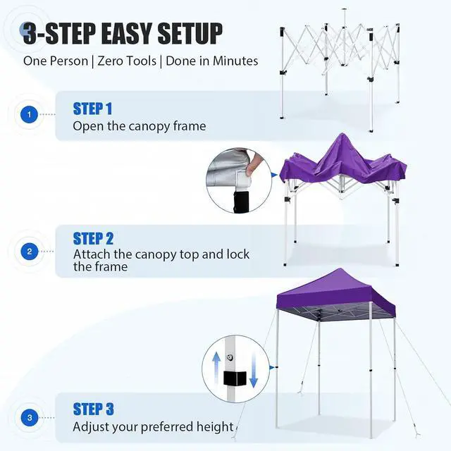 Alt view image 7 of 7 - 5x5 Pop Up Canopy Tent Instant Outdoor Canopy Easy Set-up Straight Leg Folding Shelter, Purple