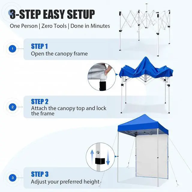 Alt view image 7 of 7 - Pop up Canopy 5x5, Outdoor Portable Canopy Tent with One Removable Sunwall, Carry Bag Included, Blue
