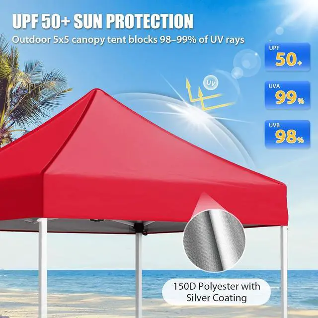 Alt view image 2 of 7 - 5x5 Pop Up Canopy Tent Instant Outdoor Canopy Easy Set-up Straight Leg Folding Shelter, Red