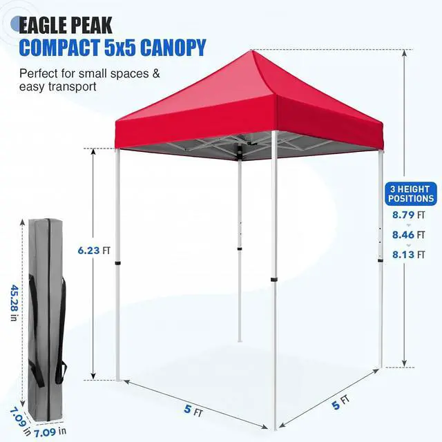 Alt view image 3 of 7 - 5x5 Pop Up Canopy Tent Instant Outdoor Canopy Easy Set-up Straight Leg Folding Shelter, Red