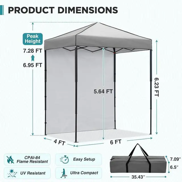 Alt view image 3 of 7 - 6x4 Instant Pop Up Canopy Tent with 1 Side Wall Panel, Straight Leg Sun Shelter, Portable Canopy with Carry Bag for Camping, Beach & Sports, Gray