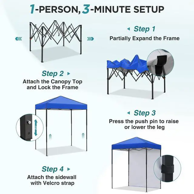 Alt view image 2 of 7 - 6x4 Instant Pop Up Canopy Tent with 1 Side Wall Panel, Straight Leg Sun Shelter, Portable Canopy with Carry Bag for Camping, Beach & Sports, Blue
