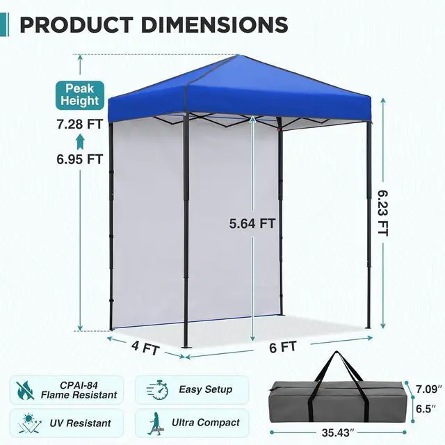 Alt view image 3 of 7 - 6x4 Instant Pop Up Canopy Tent with 1 Side Wall Panel, Straight Leg Sun Shelter, Portable Canopy with Carry Bag for Camping, Beach & Sports, Blue