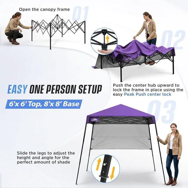 Alt view image 6 of 7 - 8x8 Pop Up Canopy Tent with Sidewall, Compact, Portable Slant Leg Instant Sun Shelter for Beach, Sports, & Camping, 8x8 Base 6x6 Top, Purple