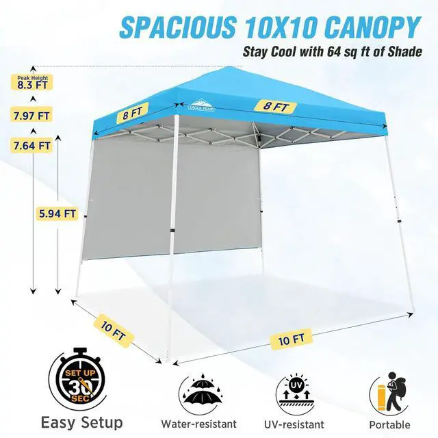 Alt view image 3 of 7 - 10x10 Pop Up Canopy Tent with Sidewall, Compact, Portable Slant Leg Instant Sun Shelter for Beach, Sports, & Camping, 10x10 Base 8x8 Top, Light Blue