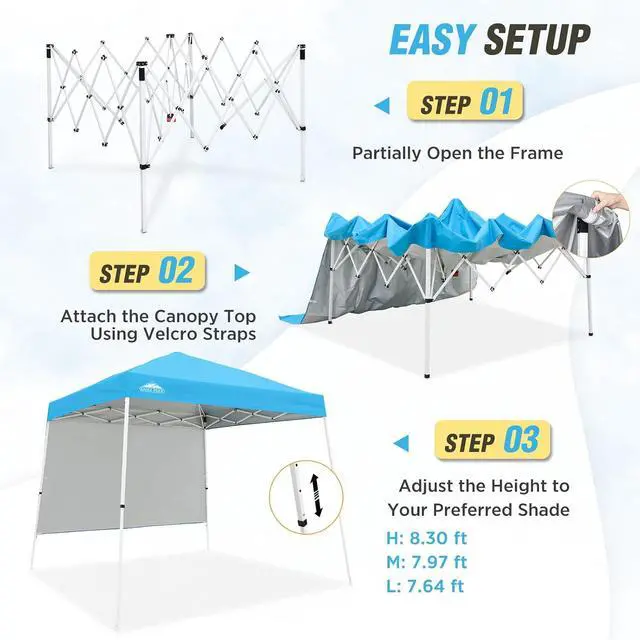 Alt view image 2 of 7 - 10x10 Pop Up Canopy Tent with Sidewall, Compact, Portable Slant Leg Instant Sun Shelter for Beach, Sports, & Camping, 10x10 Base 8x8 Top, Light Blue