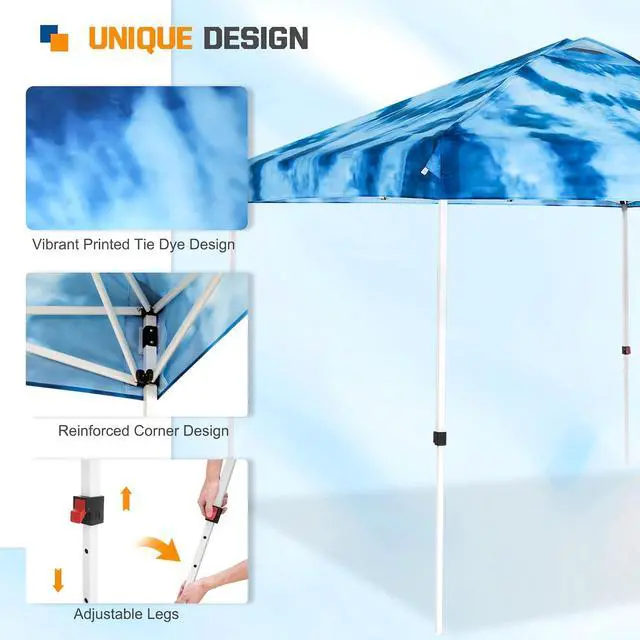 Alt view image 7 of 7 - Pop Up Canopy Tent with Wheeled Carry Bag, 8 Stakes, 4 Ropes, 4 Weight Bags, Easy Set Up Tent Canopy, 10x10 ft, 100sqft of Shade, Tie Dye Blue