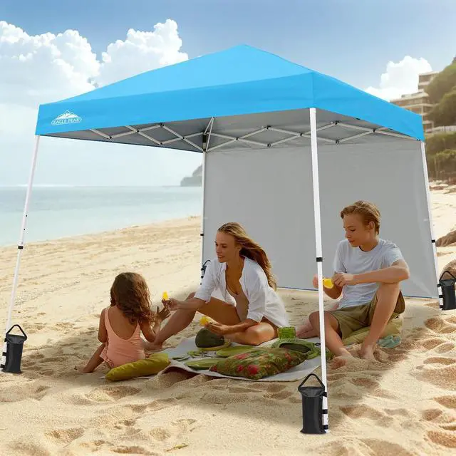 Alt view image 5 of 7 - 10x10 Pop Up Canopy Tent with Sidewall, Compact, Portable Slant Leg Instant Sun Shelter for Beach, Sports, & Camping, 10x10 Base 8x8 Top, Light Blue