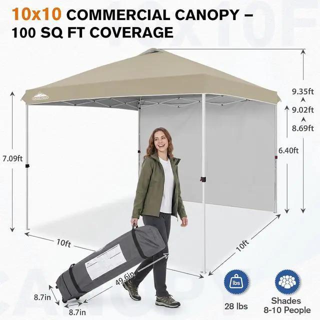Alt view image 3 of 7 - Commercial Canopy 10x10 Pop Up Canopy Tent with 1 Sidewall, Easy Setup Heavy Duty Instant Event Shelter for Vendors & Markets, Outdoor Sun Shade, Light Beige