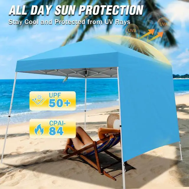 Alt view image 4 of 7 - 10x10 Pop Up Canopy Tent with Sidewall, Compact, Portable Slant Leg Instant Sun Shelter for Beach, Sports, & Camping, 10x10 Base 8x8 Top, Light Blue