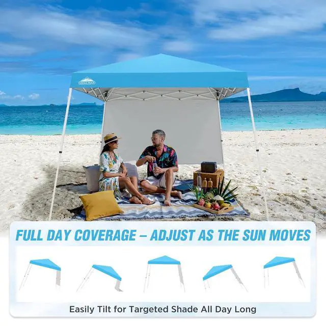 Alt view image 7 of 7 - 10x10 Pop Up Canopy Tent with Sidewall, Compact, Portable Slant Leg Instant Sun Shelter for Beach, Sports, & Camping, 10x10 Base 8x8 Top, Light Blue
