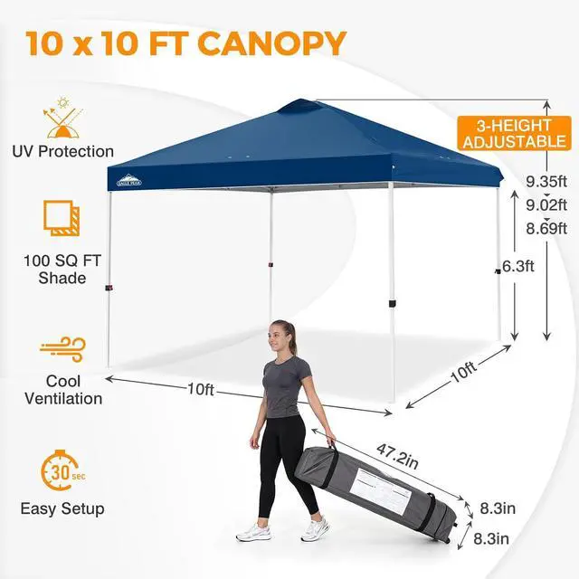 Alt view image 3 of 7 - Pop Up Canopy Tent with Wheeled Carry Bag, 8 Stakes, 4 Ropes, 4 Weight Bags, Easy Set Up Tent Canopy, 10x10 ft, 100sqft of Shade, Dark Blue