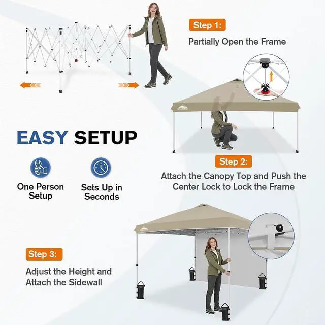 Alt view image 6 of 7 - Commercial Canopy 10x10 Pop Up Canopy Tent with 1 Sidewall, Easy Setup Heavy Duty Instant Event Shelter for Vendors & Markets, Outdoor Sun Shade, Light Beige