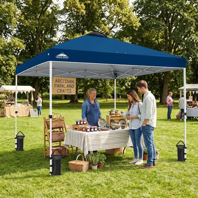 Alt view image 5 of 7 - Pop Up Canopy Tent with Wheeled Carry Bag, 8 Stakes, 4 Ropes, 4 Weight Bags, Easy Set Up Tent Canopy, 10x10 ft, 100sqft of Shade, Dark Blue