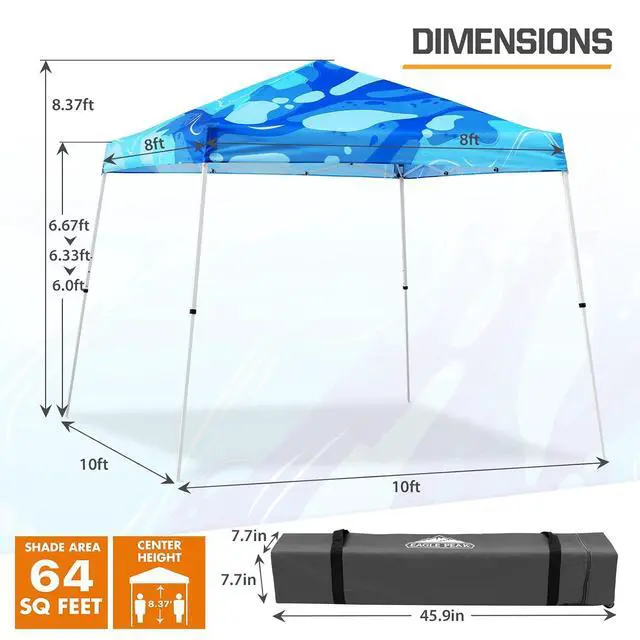 Alt view image 3 of 7 - 10x10 Slant Leg Pop-up Canopy Tent Easy One Person Setup Instant Outdoor Beach Canopy Folding Portable Sports Shelter 10x10 Base 8x8 Top (Blue Abstract)