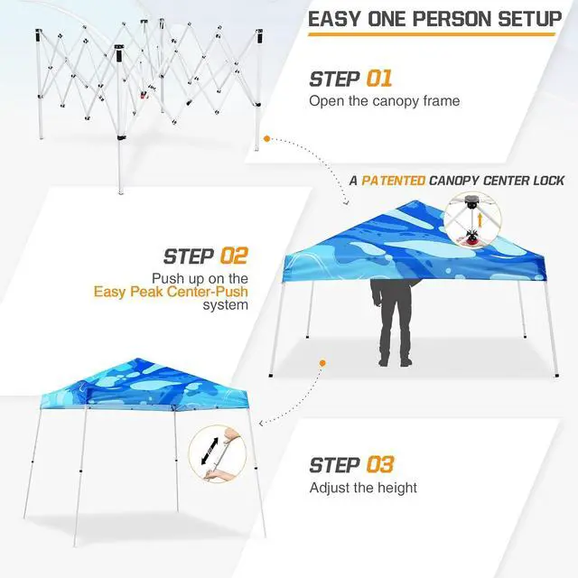 Alt view image 2 of 7 - 10x10 Slant Leg Pop-up Canopy Tent Easy One Person Setup Instant Outdoor Beach Canopy Folding Portable Sports Shelter 10x10 Base 8x8 Top (Blue Abstract)
