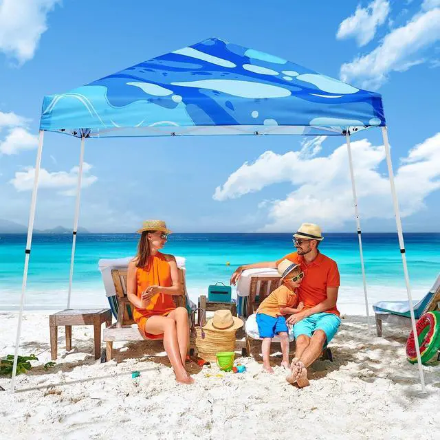 Alt view image 5 of 7 - 10x10 Slant Leg Pop-up Canopy Tent Easy One Person Setup Instant Outdoor Beach Canopy Folding Portable Sports Shelter 10x10 Base 8x8 Top (Blue Abstract)