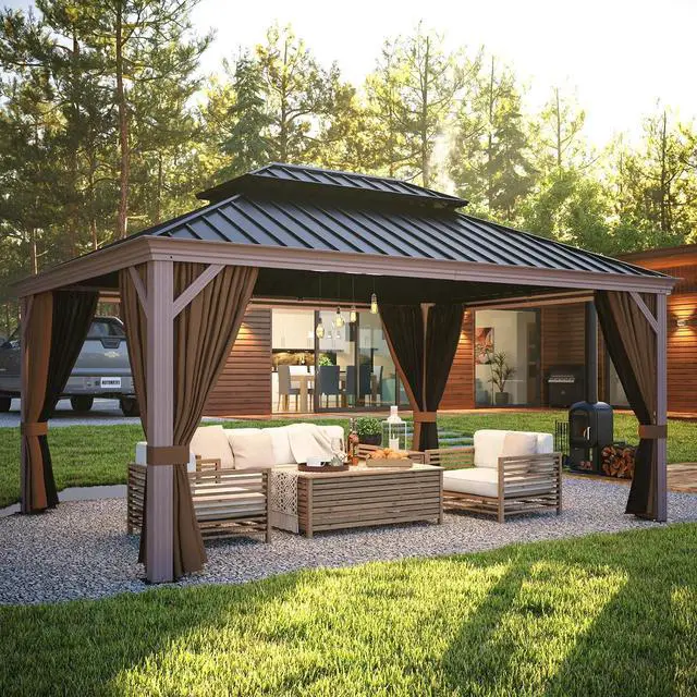 Main image of 12x16 Hardtop Gazebo, Galvanized Steel Double Roof with Aluminum Frame, Outdoor Pavilion with Netting and Curtains for Patio, Deck, Lawn and Garden, Brown/Black