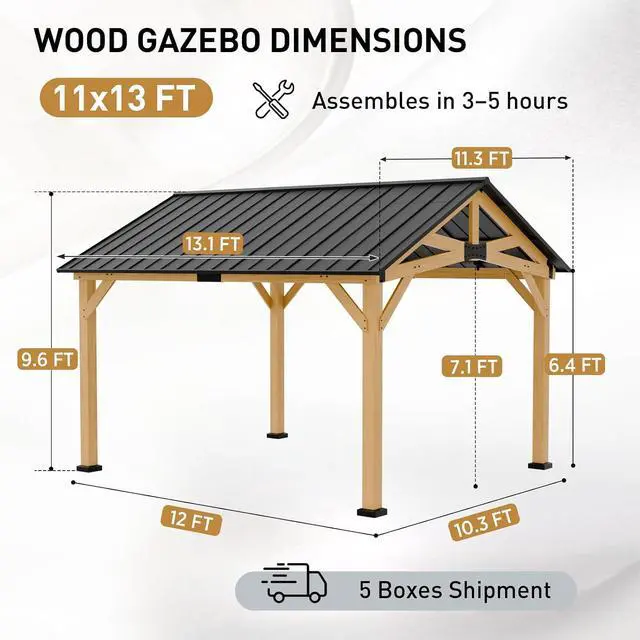 Alt view image 3 of 7 - 11x13 Hardtop Gazebo, Exposed Beam Rustic Gazebo, Galvanized Steel Gable Roof with Cedar Wood Frame, Outdoor Pavilion for Patio, Deck, Lawn and Garden Natural Wood/Black