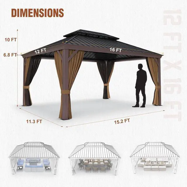 Alt view image 5 of 7 - 12x16 Hardtop Gazebo, Galvanized Steel Double Roof with Aluminum Frame, Outdoor Pavilion with Netting and Curtains for Patio, Deck, Lawn and Garden, Brown/Black