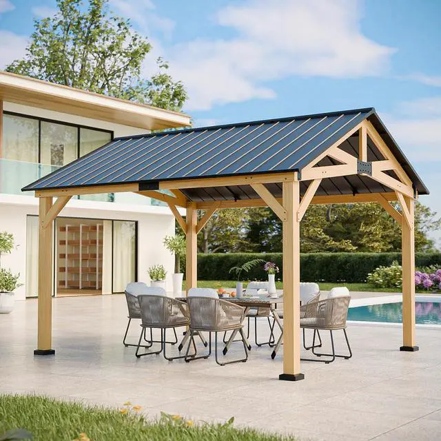 Main image of 11x13 Hardtop Gazebo, Exposed Beam Rustic Gazebo, Galvanized Steel Gable Roof with Cedar Wood Frame, Outdoor Pavilion for Patio, Deck, Lawn and Garden Natural Wood/Black